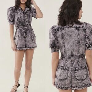 Ulla Johnson Carmine Acid Denim Romper Size 4 Lilac Purple Puff Sleeves Fall